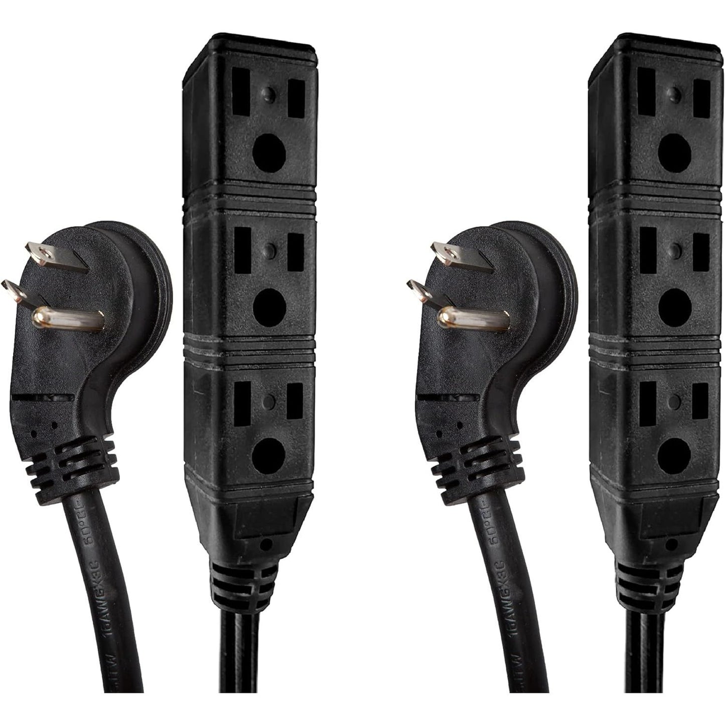 10 ft Flat Plug Extension Cord 3 Outlet - 2 Pack, Power Strip Low Profile Extension Cord 10 Foot with Multiple Outlets & Angled Flat Plug, 16/3 Black Indoor Extension Cord SJT 13 Amp
