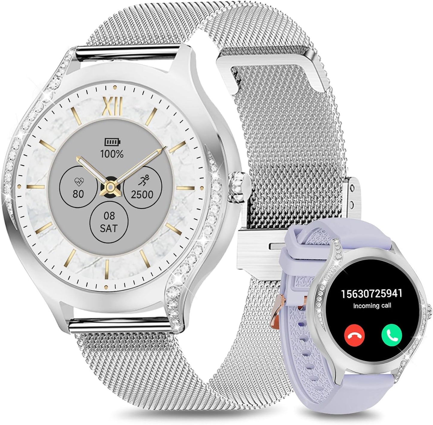 Efolen Smart Watches for Women with Text and Call, 1.19'' Bluetooth Smartwatch for Android iOS with Diamonds, Waterproof Fitness Watch with Heart Rate/SpO2/Sleep/BP/AI Voice (Silver)
