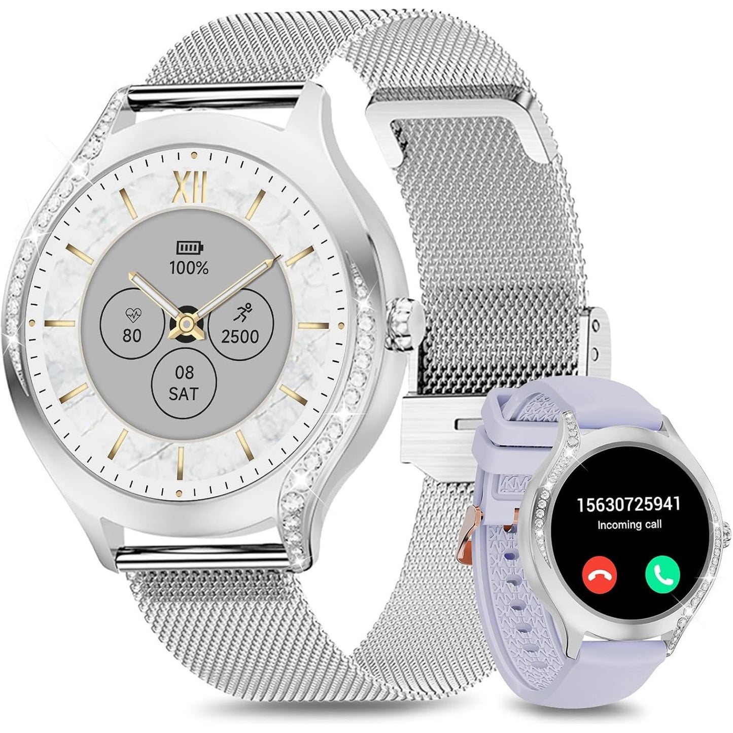 Efolen Smart Watches for Women with Text and Call, 1.19'' Bluetooth Smartwatch for Android iOS with Diamonds, Waterproof Fitness Watch with Heart Rate/SpO2/Sleep/BP/AI Voice (Silver)