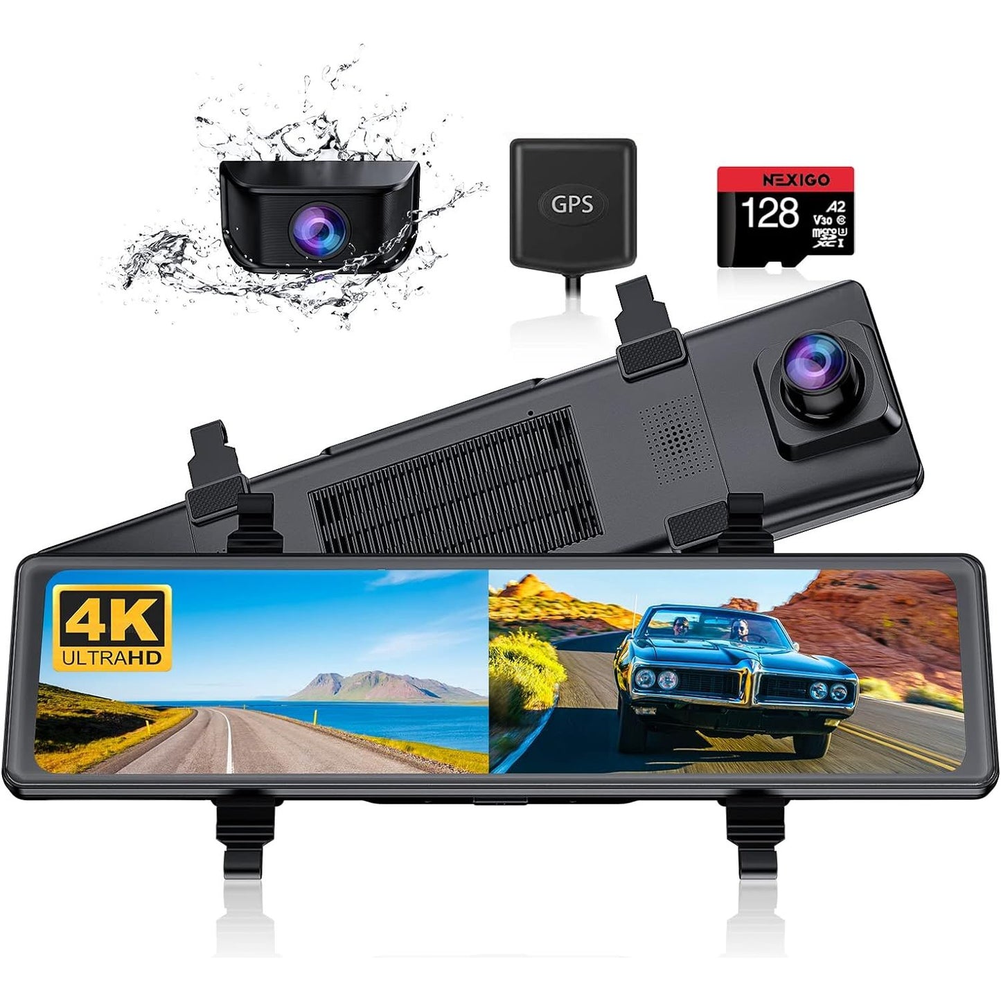 NexiGo D90 (Gen 2) True 4K Mirror Dash Cam with Dual Sony_Sensors, 11 Inch IPS Full Touch Split Screen, Super Night Vision, G-Sensor & Emergency Recording, GPS, Parking Monitor/Assistance