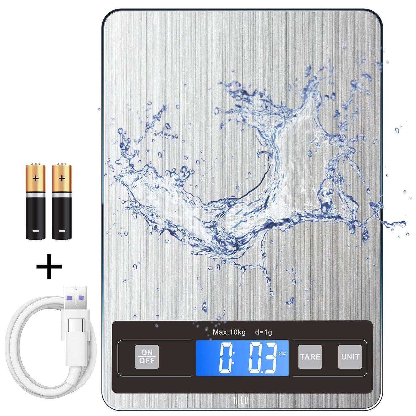 hito Food Scale, 22lb Digital Kitchen Scale Weight Grams and oz, Rechargeable Waterproof, for Weight Loss, Cooking and Baking, 1g/0.1oz Precise Graduation, Ash Silver