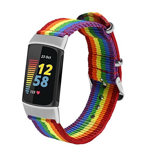VEAQEE Woven Bands Compatible with Fitbit Charge 5, Fabric Quick Dry Watch Band for Women Men, Adjustable Replacement Strap Sport Wristband for Fitbit Charge 5 (Rainbow)