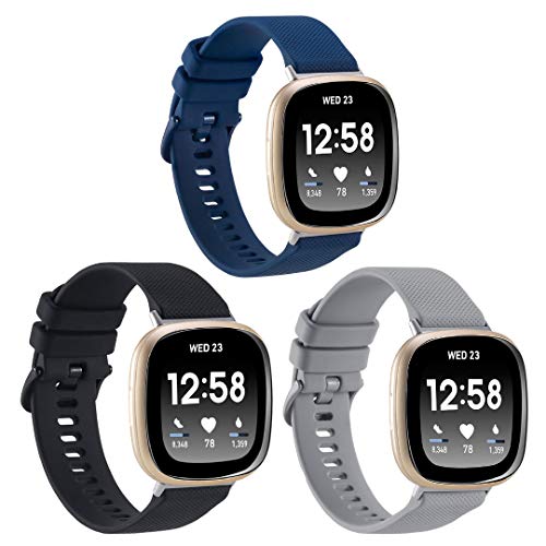 3-Pack Sport Bands Compatible with Fitbit Sense/Versa 3, Classic Soft Silicone Replacement Wristband Strap Accessories for Women Men(Black/Midnight Blue/Gray)