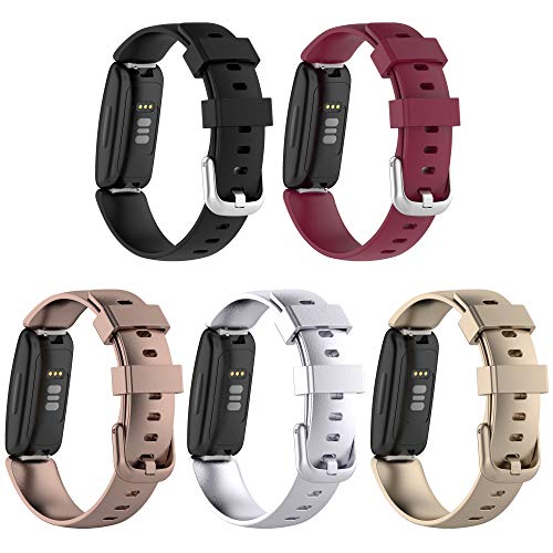 5-Pack BabyValley Band Compatible with Fitbit Inspire 2 Silicone Wristband Replacement Bracelet Strap Sport Band for Inspire 2 (Black/Wine Red/Rose Gold/Silver/Champagne, Small: fits for 5.5-7.5 inch wrist)