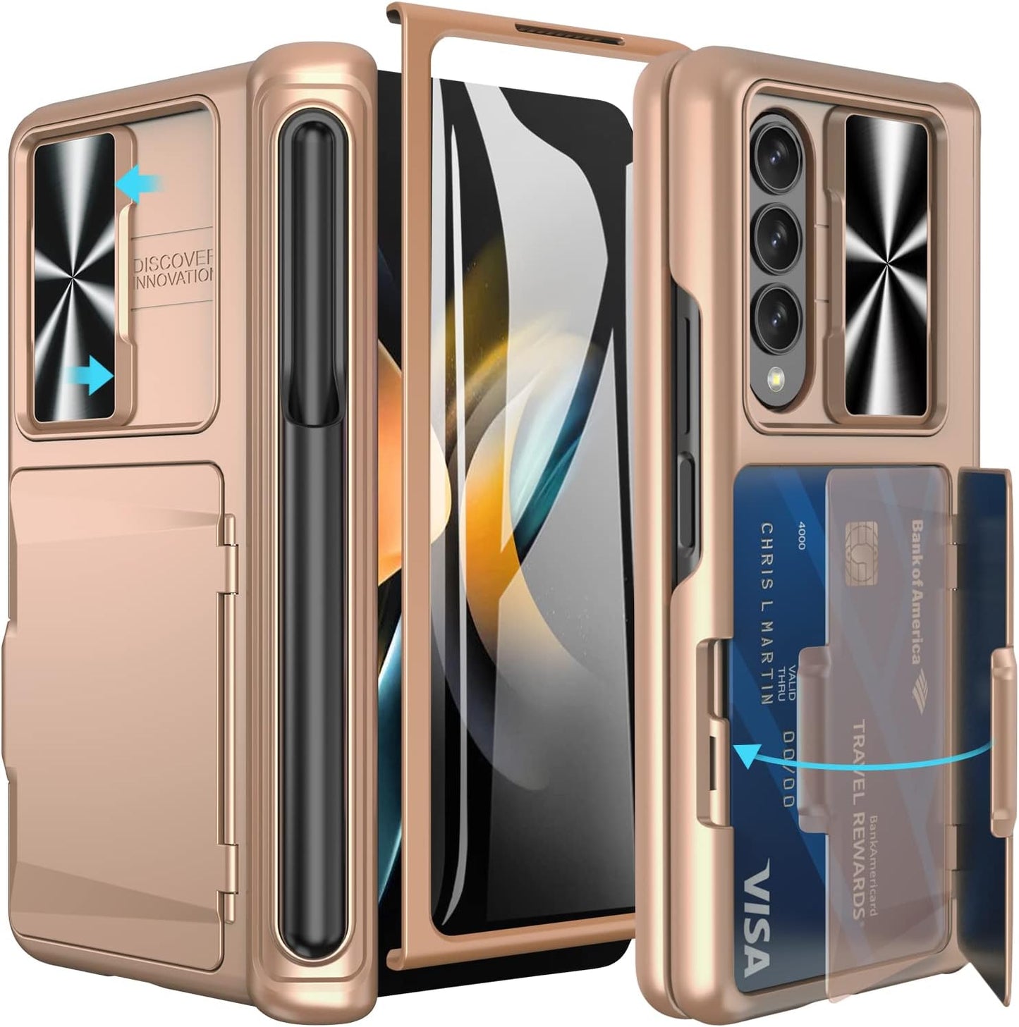 Vihibii Galaxy Z Fold 4 Case, S Pen Holder, Hinge Protection, Card Slot, Kickstand & Slide Camera Cover - Rose Gold