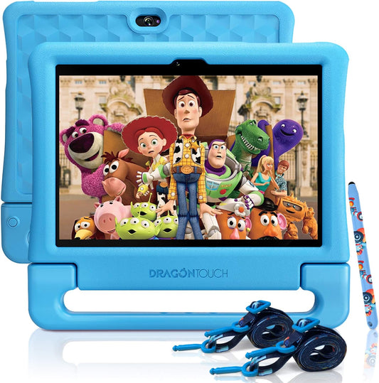 Dragon Touch Kids Tablet 10 inch IPS HD Display Android Tablets with 32GB Storage, 2GB RAM, Quad Core Processor, KIDOZ Pre-Installed, Kid-Proof Case, Shoulder Strap and Stylus, WiFi Only – Blue