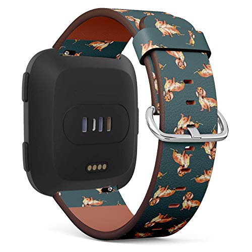 Compatible with Fitbit Versa/Versa 2 / Versa LITE - Leather Watch Wrist Band Strap Bracelet with Quick-Release Pins (Dachshund Dog Watercolor)