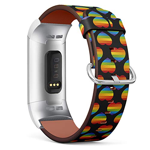 LGBT Pride Rainbow Love Hearts - Patterned Leather Wristband Strap Compatible with Fitbit Charge 3