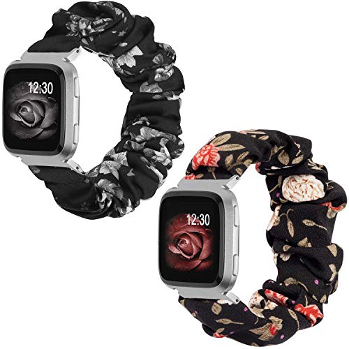 TOYOUTHS 2-Pack Compatible with Fitbit Versa/Versa 2 Bands Scrunchie Elastic Versa Lite Special Edition Wristband Cloth Fabric Fashion Bracelet Women Men (Black Red Floral+Grey Floral)