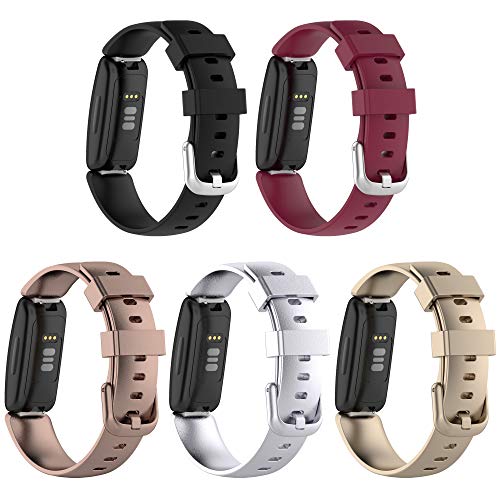 5-Pack BabyValley Band Compatible with Fitbit Inspire 2 Silicone Wristband Replacement Bracelet Strap Sport Band for Inspire 2 (Black/Wine Red/Rose Gold/Silver/Champagne, Small: fits for 5.5-7.5 inch wrist)